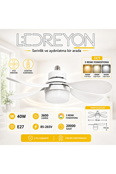 LEDREYON Uzaktan Kumandalı Tavan Vantilatörü Fanlı Led Ampul Pervane Aydınlat...