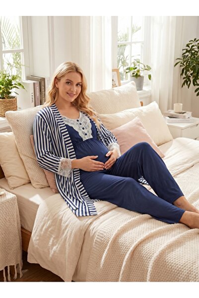 Lohusa Homewear مجموعة بيجامات صيفية جديدة باللون الأزرق الداكن بتصميم مخطط م...