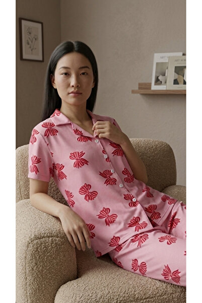mantis Women's Pink Bow Patterned Buttoned Pajama Set