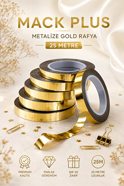 MACK PLUS 25 Metre Metalize Gold Rafya – Parlak Hediye Süsü, Paketleme ve Dek...