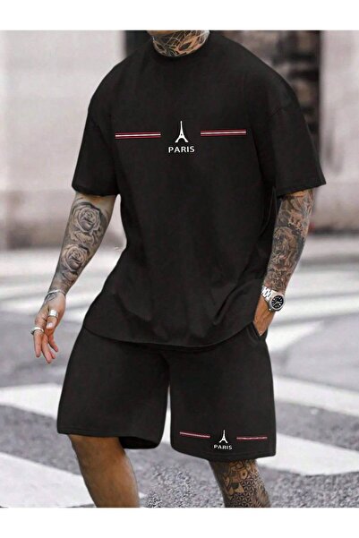 JANTIL MODA طقم تي شيرت وشورت أساسي كبير الحجم للجنسين 👕 🩳