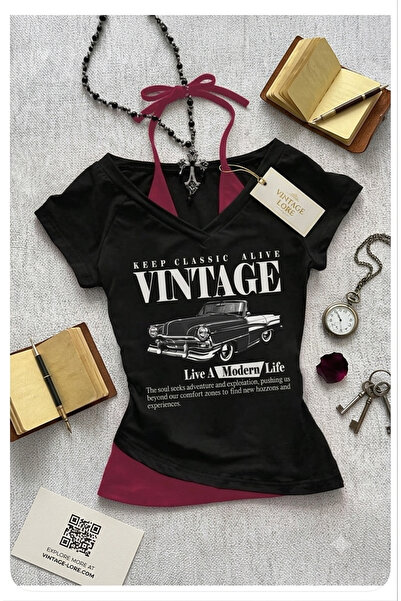 Köstebek Retro Vintage Car Short Sleeve Blouse with Additional Strap