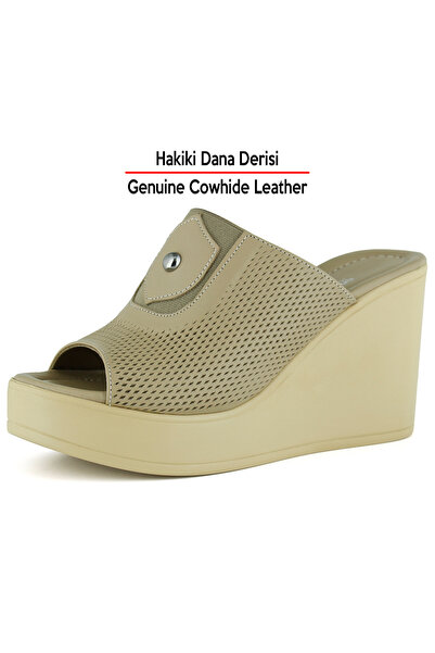 Erkan Saçmacı Rachel Mink Genuine Calfskin Perforated Elastic Wedge Heeled Sl...