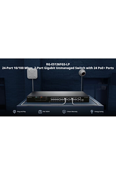 RUIJIE Reyee Rg-Es126Fgs-Lp 26 Port, 24 Port Megabit Poe, 180W, 2 Port Gigabi...