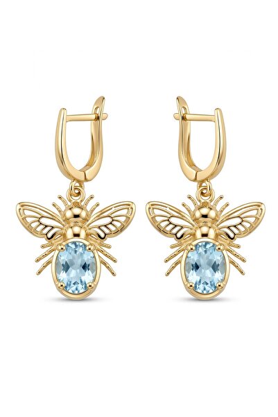 FRNCH 925 Ayar Gümüş ve Blue Topaz Taşlı Altın Renk Kadın Küpe FRJ50102-202-GM