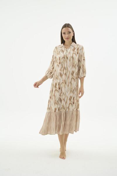 Sevim Women's Patterned Long Dress Capri Sleeve Half Buttoned Relaxed Cut Dre...