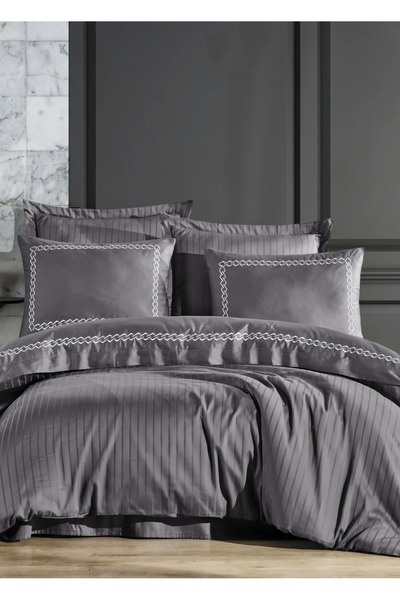 Mandaş Lace a Nüans Embroidered Cotton Satin Double Duvet Cover Set-Grey