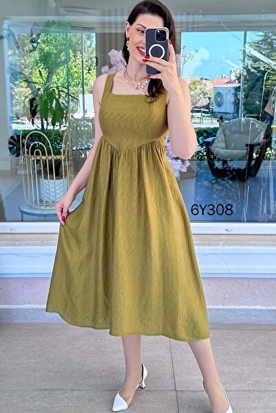 İnce Topuk Square Collar Tencel Muslin Fabric Dress 6Y308