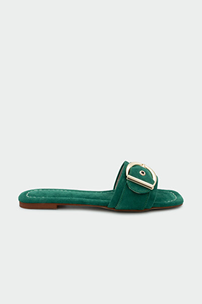 LAMİNTA Rios Suede Gold Buckle Detailed Women's Green Suede Flat Slippers