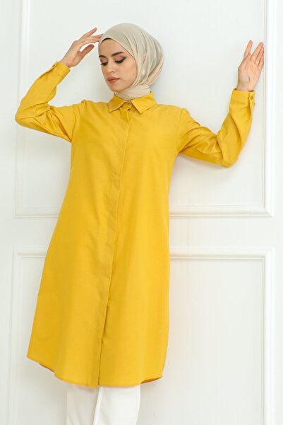 comstar Women's Premium Extra Long Daily Mustard Polo Collar Hijab Shirt Dress