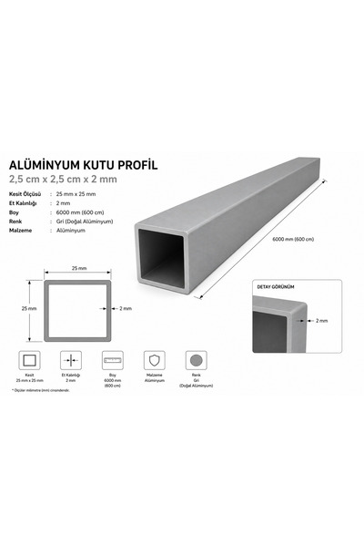 Marka Alüminyum kutu Profili GRİ 2.5 CM X 2.5 CM X 600 Cm