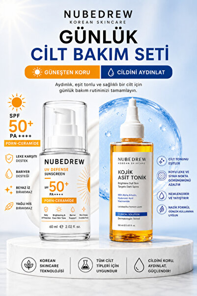 NUBEDREW Günlük Cilt Bakım Seti SPF50+ PDRN Ceramide Güneş Kremi ve Kojik Asi...