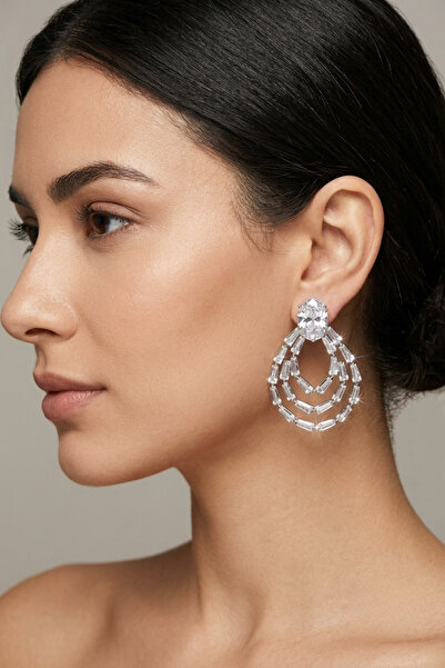 PETEK AKSESUAR Evening Dress Zircon Baguette Stone Drop Earrings 4 Cm.
