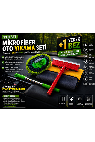 YILMAZ PREMİUM Araç Temizlik Seti | Mikrofiber Mop+ Cam Çekpası+ Kurulama Bez...