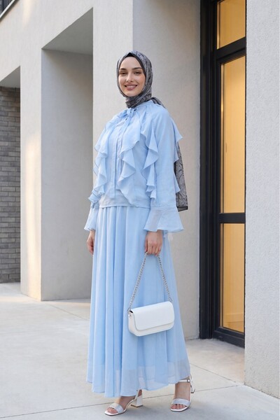 Modamorfo Tulle Modal Set with Tie Collar and Ruffled Front - Baby Blue