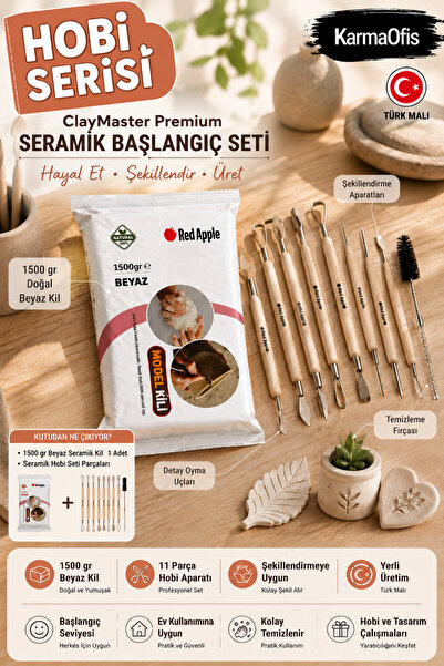 KarmaOfis ClayMaster Premium 1500 Gr Beyaz Seramik Kil Seti 11 Parça Şekillen...