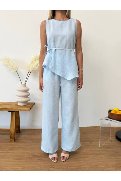 ÇEÇİM Flowy Short Sleeve Blouse and Wide Leg Pants Set
