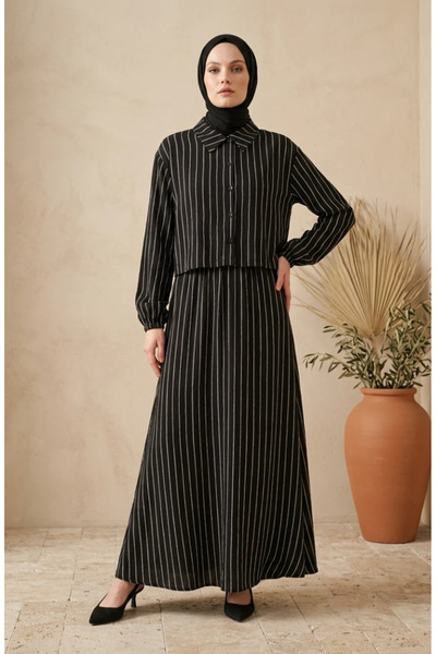 sefamerve Striped Modal Shirt Collar Hijab Double Set 0328-03 Black