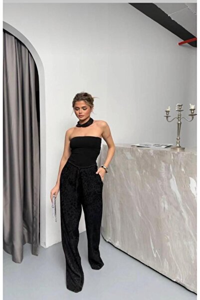 vipelmoda Γυναικείο σατέν παντελόνι με λεοπάρ σχέδιο, φαρδιά μπατζάκια και ελ...