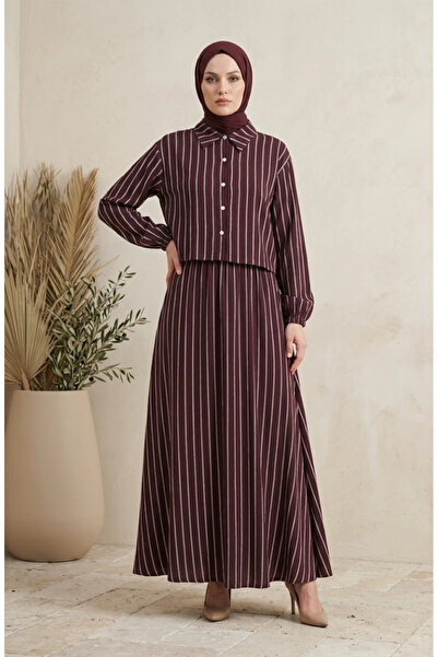 sefamerve Striped Modal Shirt Collar Hijab Double Set 0328-02 Purple