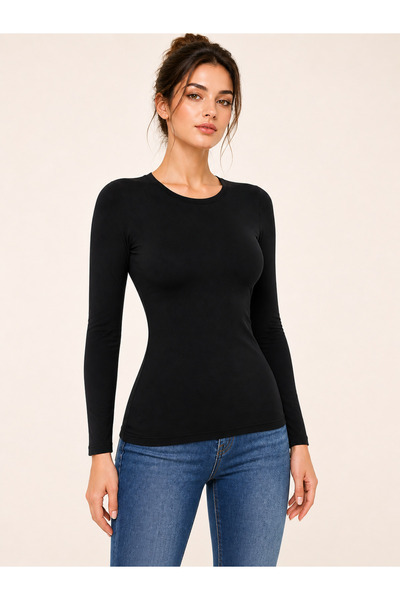 Tutku Kadın Siyah Bisiklet Yaka Uzun Kollu Likralı Basic Bluz Body