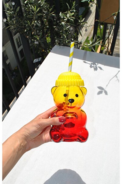 Qualitev 1 Piece Bear Cup Yellow Beret Yellow Red Drink Cup Glass with Straw ...