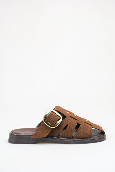 ELAIA SHOES Alexa Brown Suede Belt Detailed Flat Sole Women's Slippers