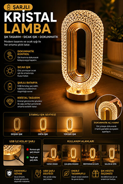 Northern Star Gold Kristal Şarjlı Dokunmatik Masa Lambası Metal 3 Işık Parlak...