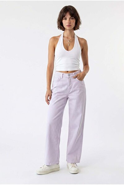 Mixray 2128 Women's Slim Seasonal High Waist Wide Leg Denim Trousers Lilac