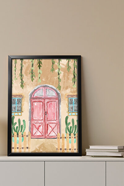 Erfa Concept Tek Parça MDF Tablo Siyah Ahşap Görünümlü Kaktüslü Pembe Kapı He...