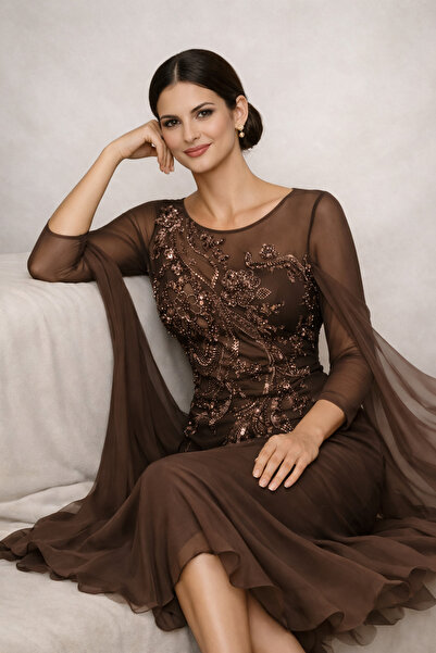 shahad fashion Royal Cocoa Cape Shawl Style Evening Dress, Modest Elegance wi...