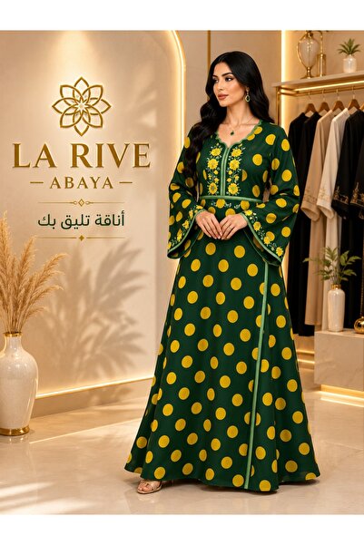 La Rive Emerald Green Abaya with Yellow Embroidery -