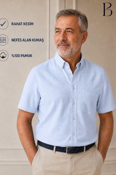 BURSPA Relaxed Fit Classic Men's Dad Short Sleeve 100% Cotton Linen Shirt