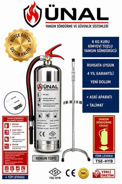 ünalgrup 6 kg Kuru Kimyevi Tozlu Yangın Söndürücü Krom Tüp Standlı Askı Aparatlı