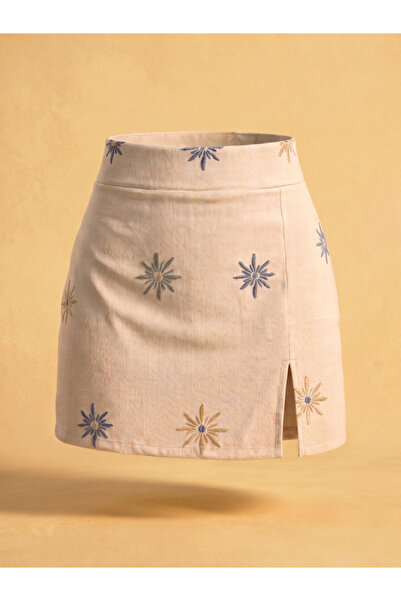 SLAW REZZ Women's Cream Ethnic Embroidered Linen Zipper Mini Shorts Skirt wit...