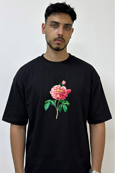 Anetos Pink Rose Design Printed Oversize Black T-Shirt