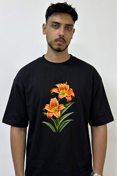 Anetos Orange Lily_1 Design Printed Oversize Black T-Shirt