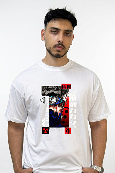 Anetos Kakashi Hatake Design Printed Oversize White T-Shirt