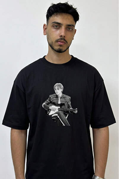 Anetos Jimin Electric Guitar Design Printed Oversize Black T-Shirt