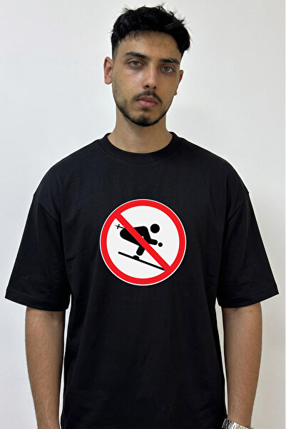 Anetos No Skiing Design Printed Oversize Black T-Shirt