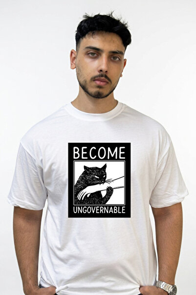 Anetos تي شيرت أبيض كبير الحجم مطبوع بتصميم Ungovernable Cat Design