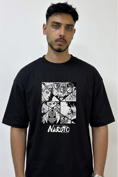 Anetos Naruto Manga Design Printed Oversize Black T-Shirt