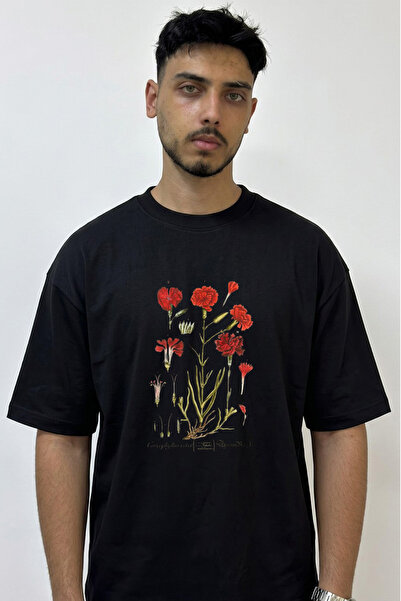 Anetos Carnation Botanical Design Printed Oversize Black T-Shirt