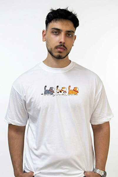 Anetos Cartoon Cats_1 Design Printed Oversize White T-Shirt