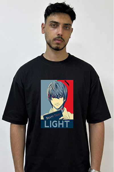 Anetos Light Death Note Design Printed Oversize Black T-Shirt