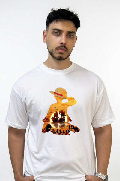 Anetos Luffy Onepiece Design Printed Oversize White T-Shirt