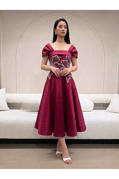 MNCENTER Burgundy Midi Mikado Dress