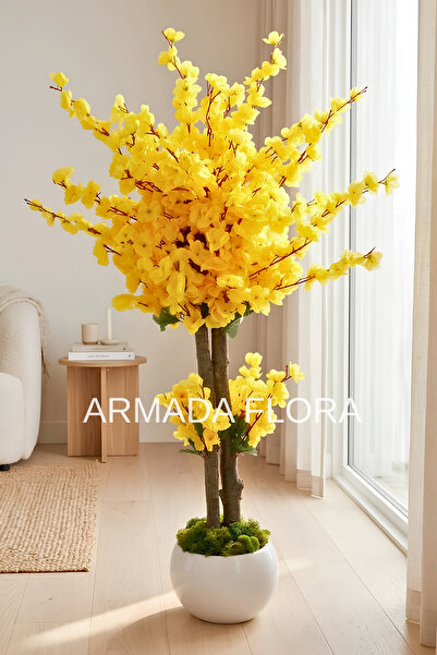 Armada Flora Premium Yapay Sarı Bahar Dalı Ağacı 150 cm - 27*33 Küre Saksılı
