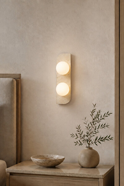 Baz Aydınlatma Travertine Opal Glass Double Wall Sconce G9 Bulb Included Mode...