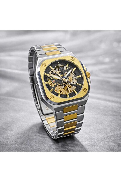 FITRON Men’s Luxury Skeleton Watch Gold Steel Automatic Designer Wrist Watch